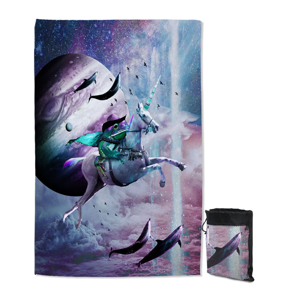 Cool Funny Beach Towels Crazy Art Epic Frog Riding Unicorn in Space