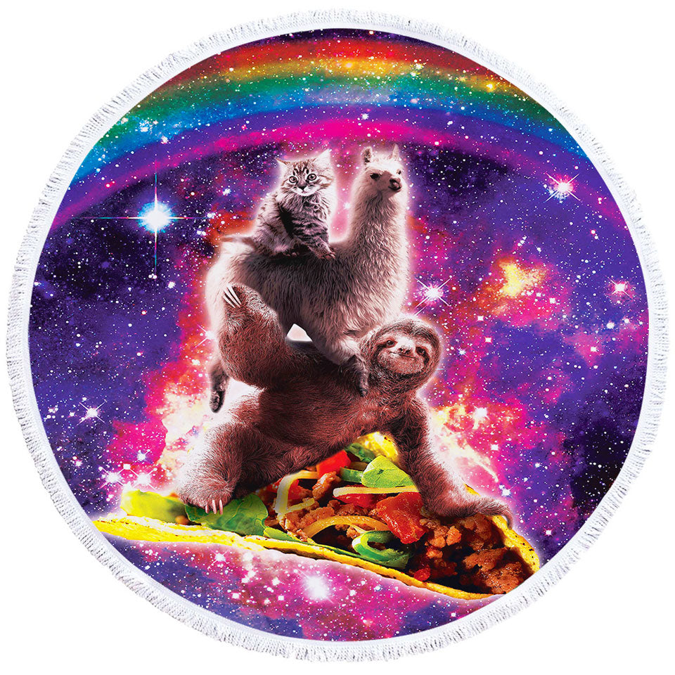Cool Funny Beach Towels On Sale with Crazy Art Space Cat Llama Sloth Riding Taco