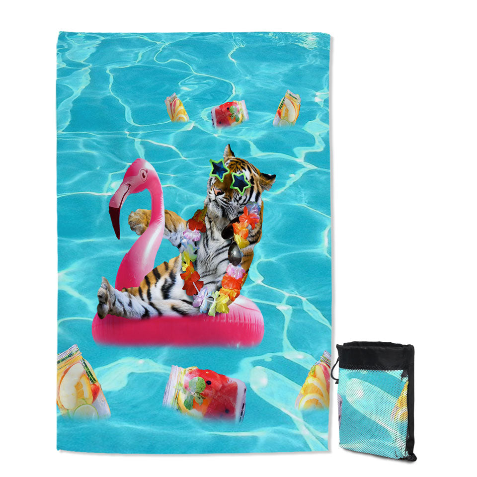 Cool Funny Beach Towels Vacation Tiger on Flamingo Floatie