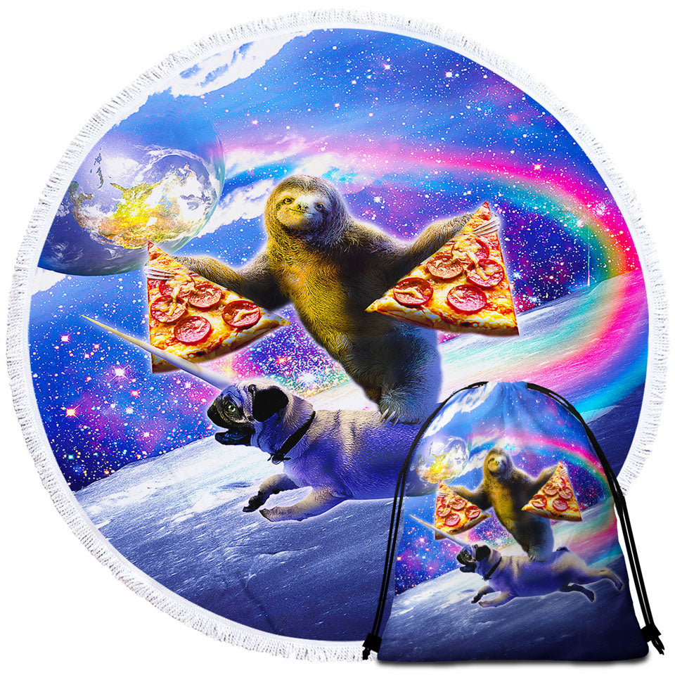 Cool Funny Beach Towels and Bags Set Space Pizza Sloth Riding Pug Dog