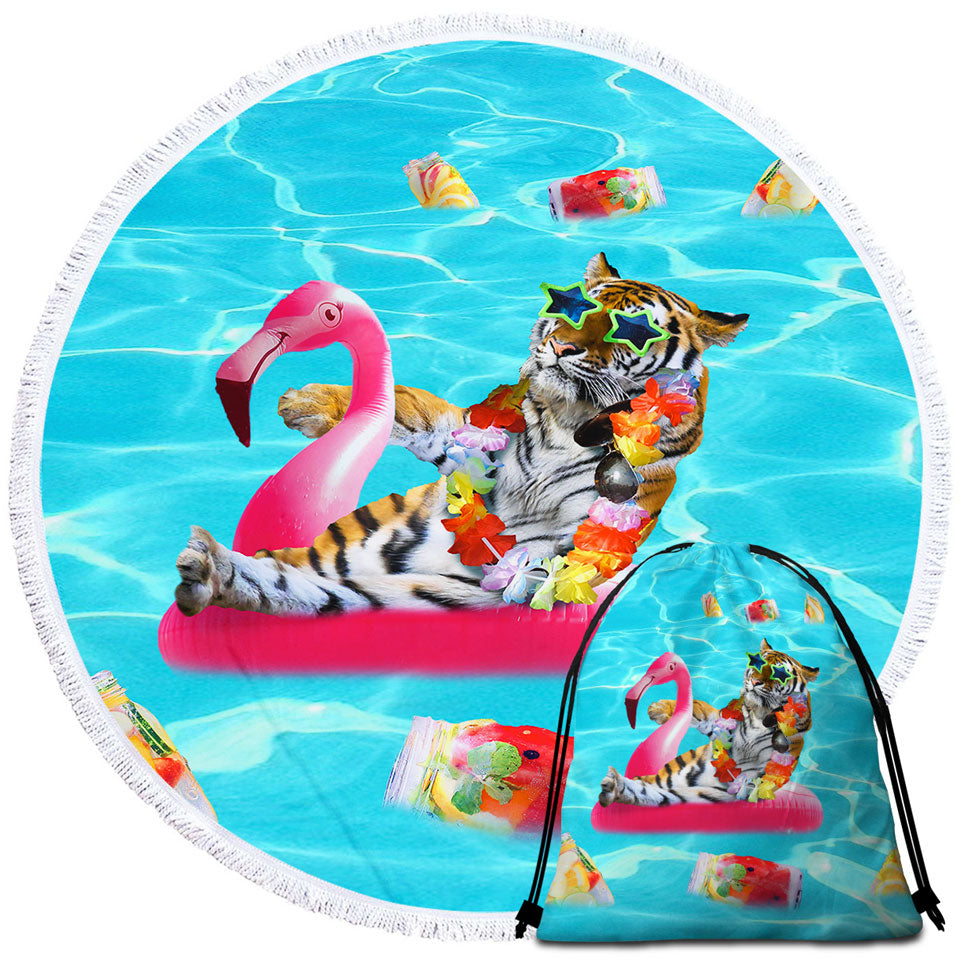 Cool Funny Circle Beach Towel Vacation Tiger on Flamingo Floatie