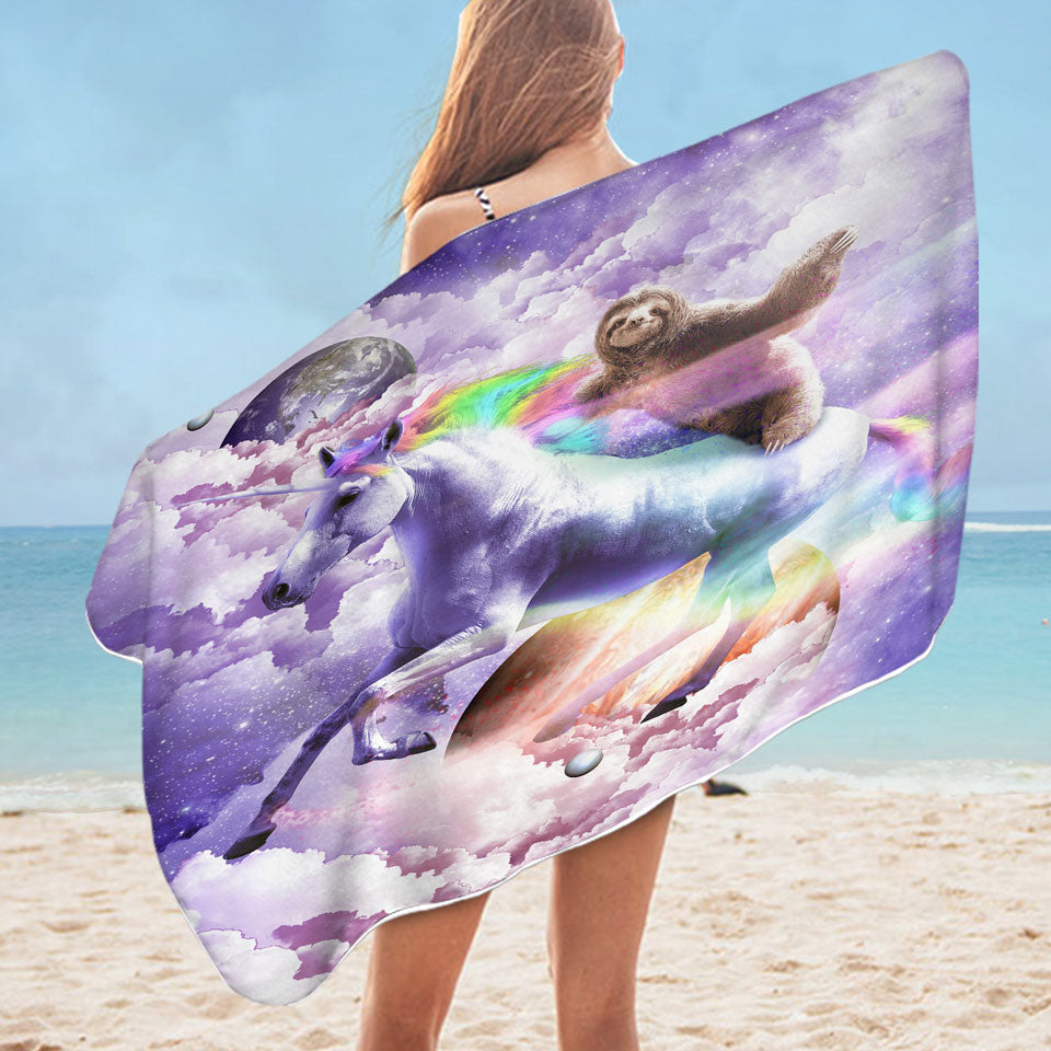 Cool Funny Crazy Art Epic Space Sloth Riding Unicorn Best Beach Towels
