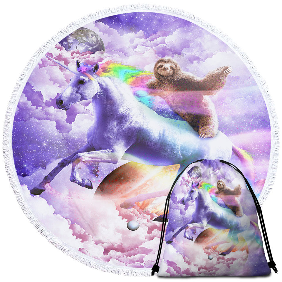 Cool Funny Crazy Art Epic Space Sloth Riding Unicorn Circle Beach Towel