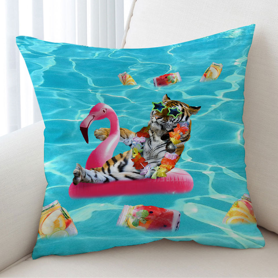 Cool Funny Cushion Covers Vacation Tiger on Flamingo Floatie