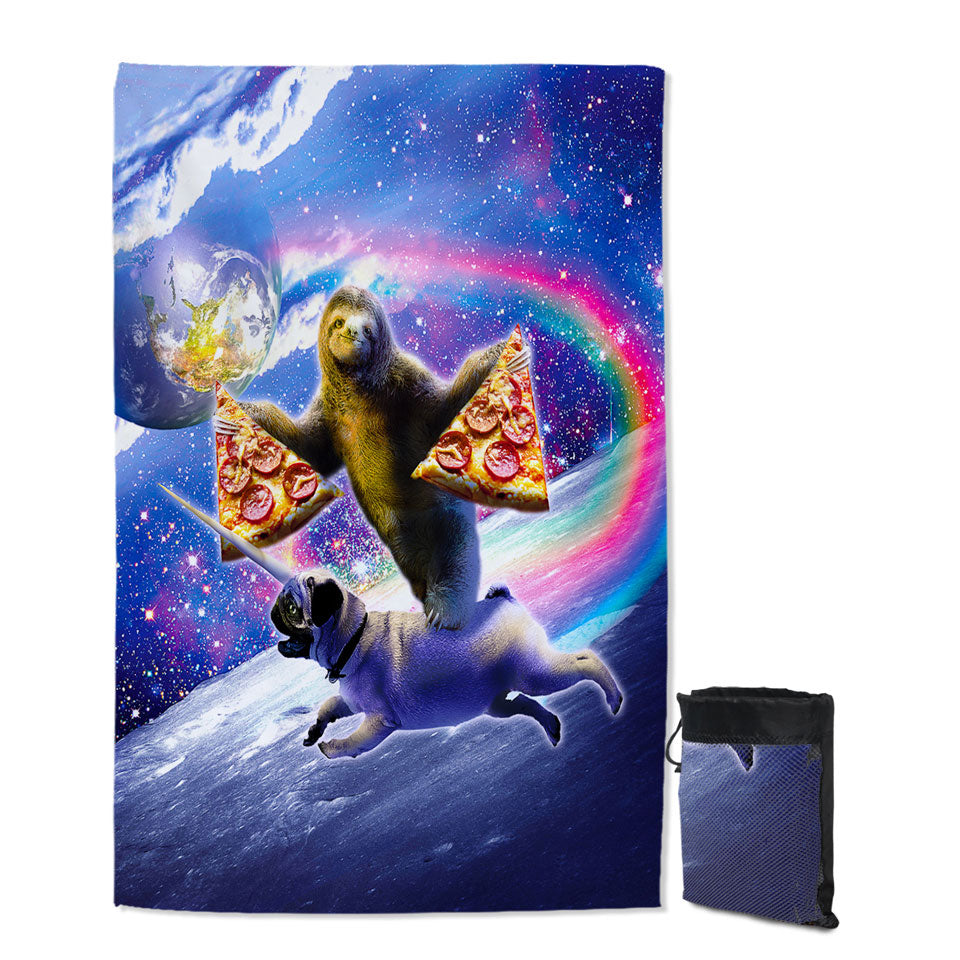 Cool Funny Lightweight Beach Towel Space Pizza Sloth Riding Pug Dog