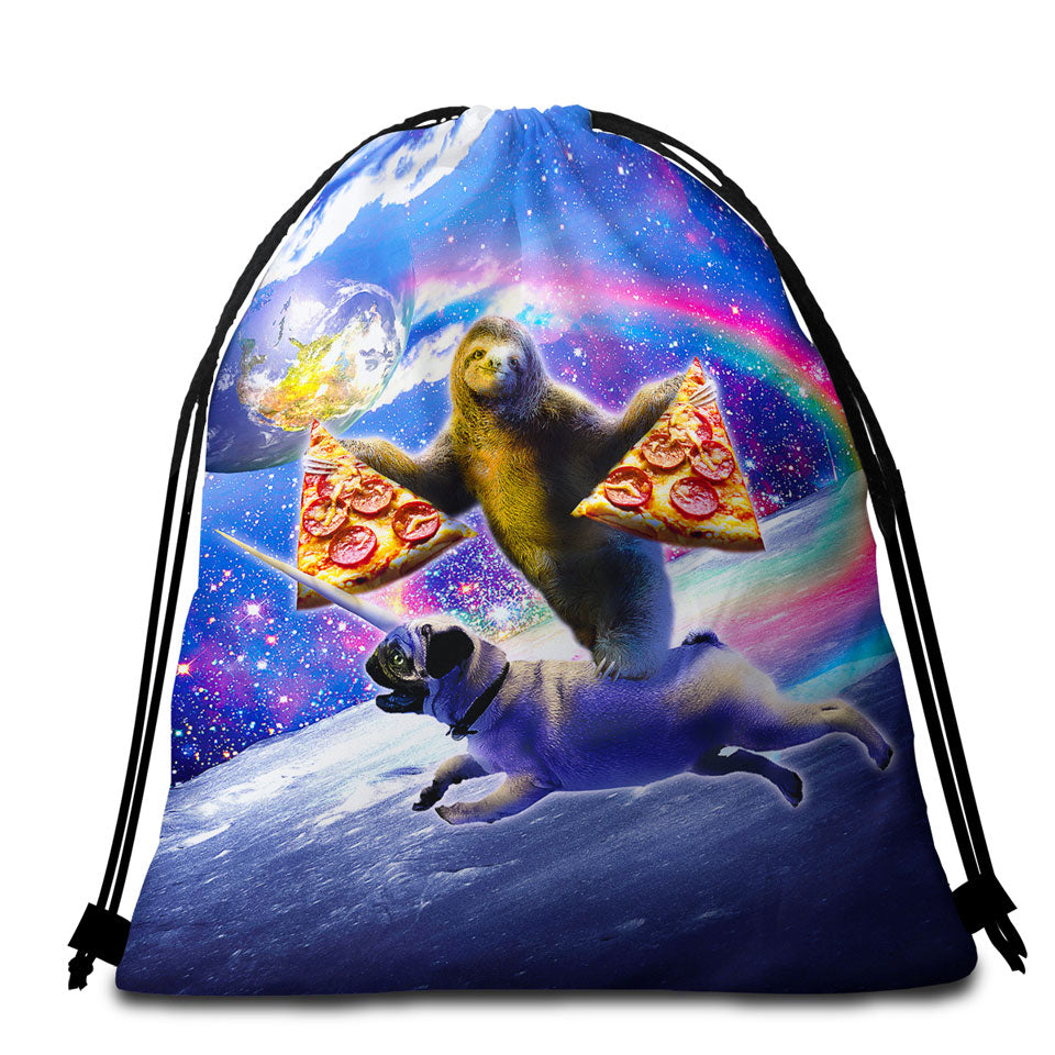 Cool Funny Packable Beach Towel Space Pizza Sloth Riding Pug Dog