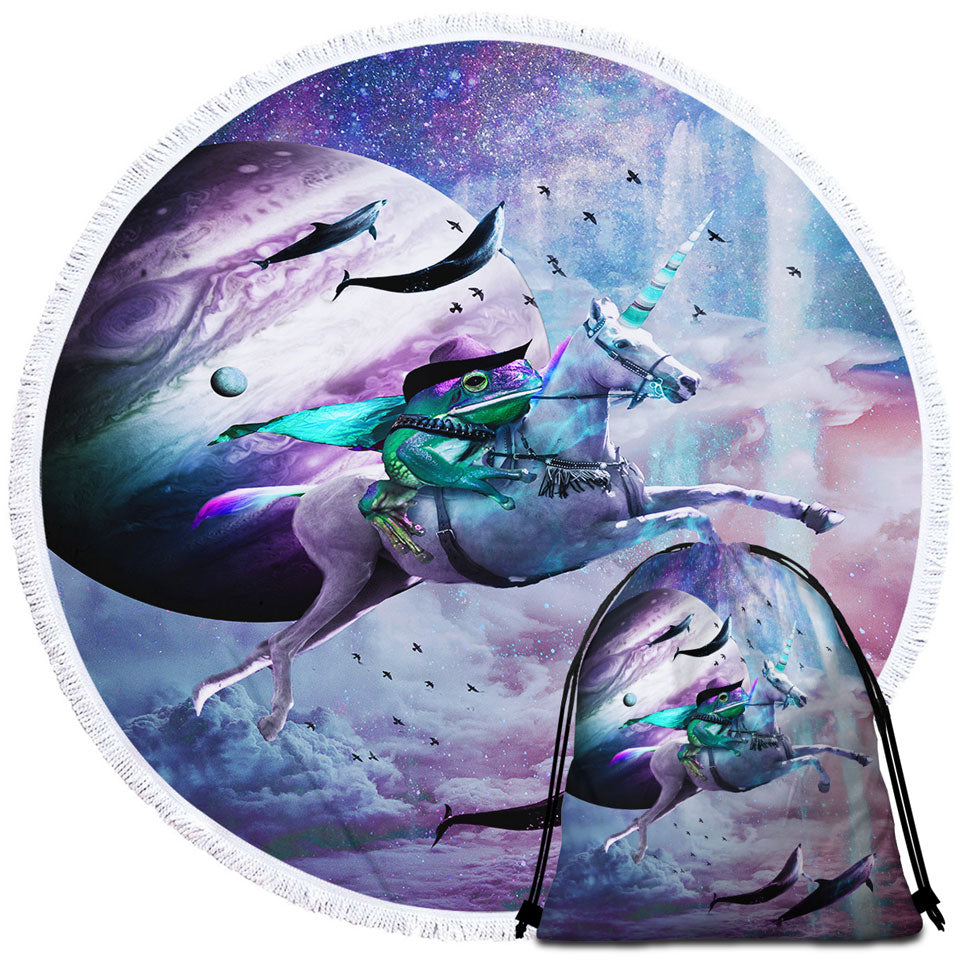 Cool Funny Round Beach Towel Crazy Art Epic Frog Riding Unicorn in Space