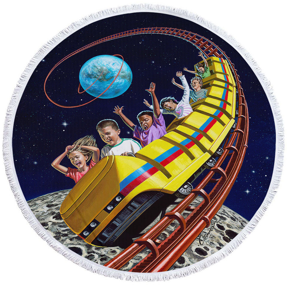 Cool Funny Round Beach Towel Kids Roller Coaster to the Moon