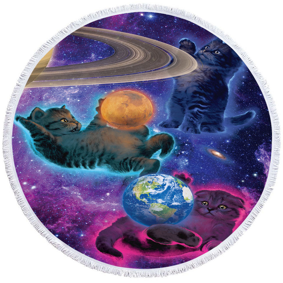 Cool Funny Round Beach Towel Space Art Cosmic Kittens Cats