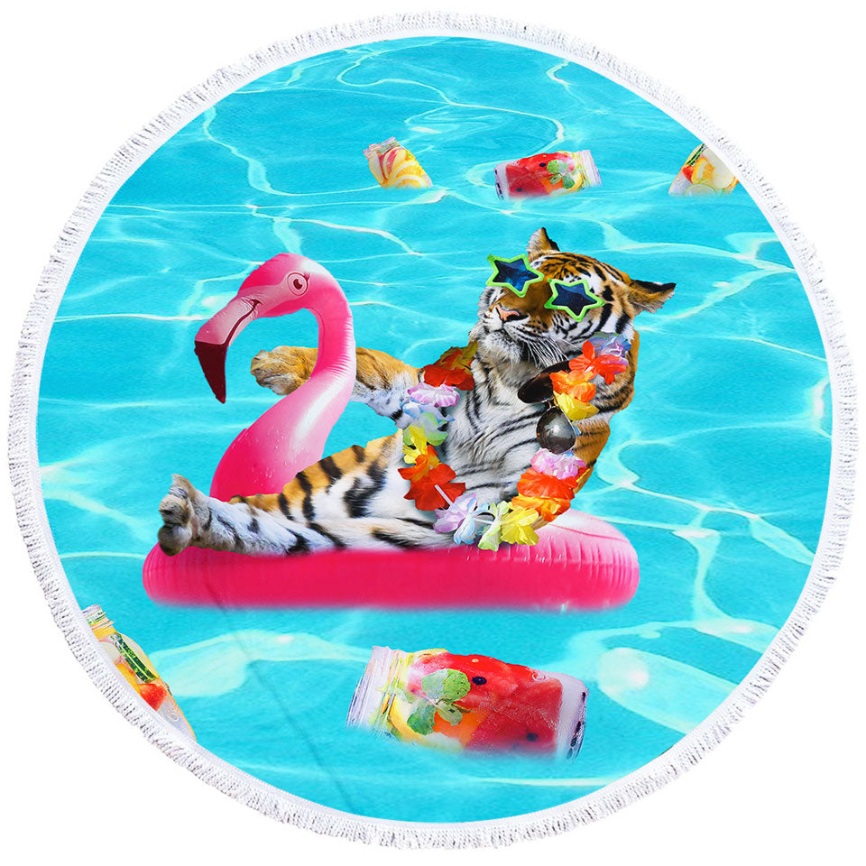Cool Funny Round Beach Towel Vacation Tiger on Flamingo Floatie