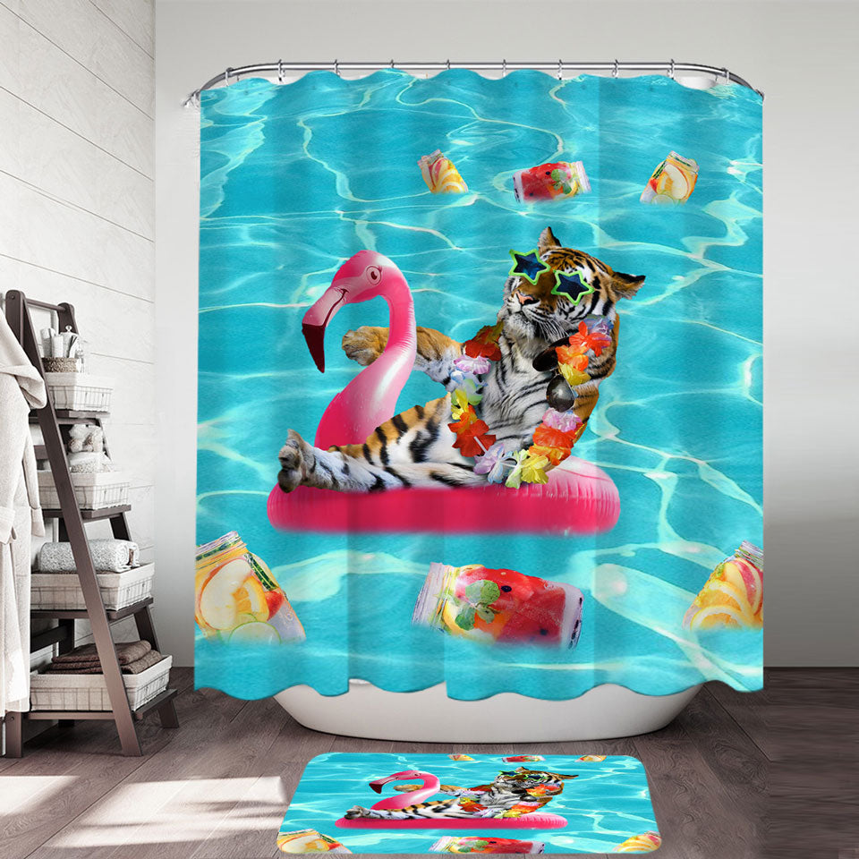 Cool Funny Shower Curtains Vacation Tiger on Flamingo Floatie