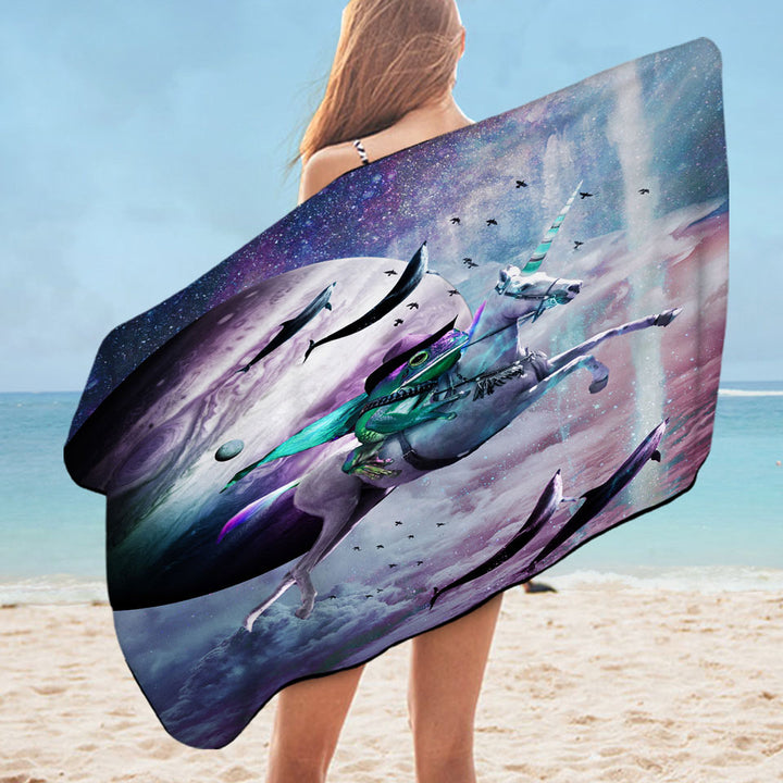 Cool Funny Swims Towel Crazy Art Epic Frog Riding Unicorn in Space