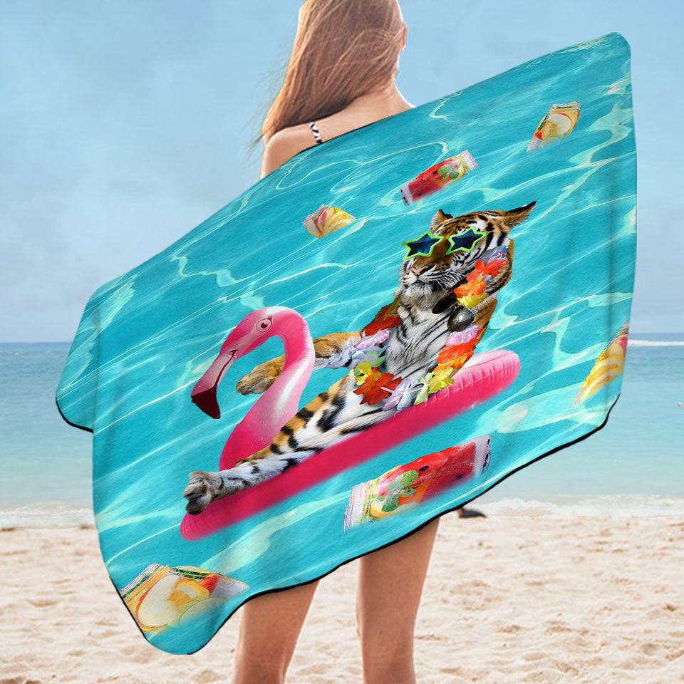 Cool Funny Swims Towel Vacation Tiger on Flamingo Floatie
