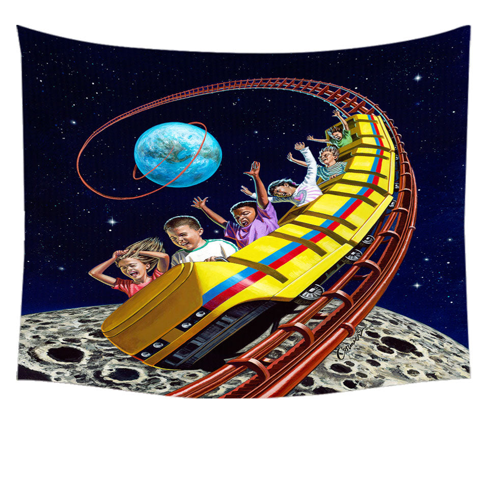 Cool Funny Wall Decor Kids Roller Coaster to the Moon Tapestry