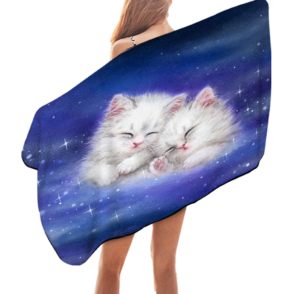 Cool Galaxy Microfiber Beach Towel Dream Cute White Kittens in Space