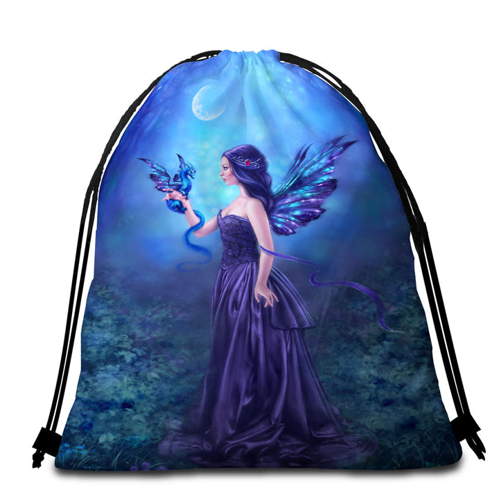 Cool Girls Beach Bags and Towels with Fantasy Art the Moon Light Purple Dragon Fairy