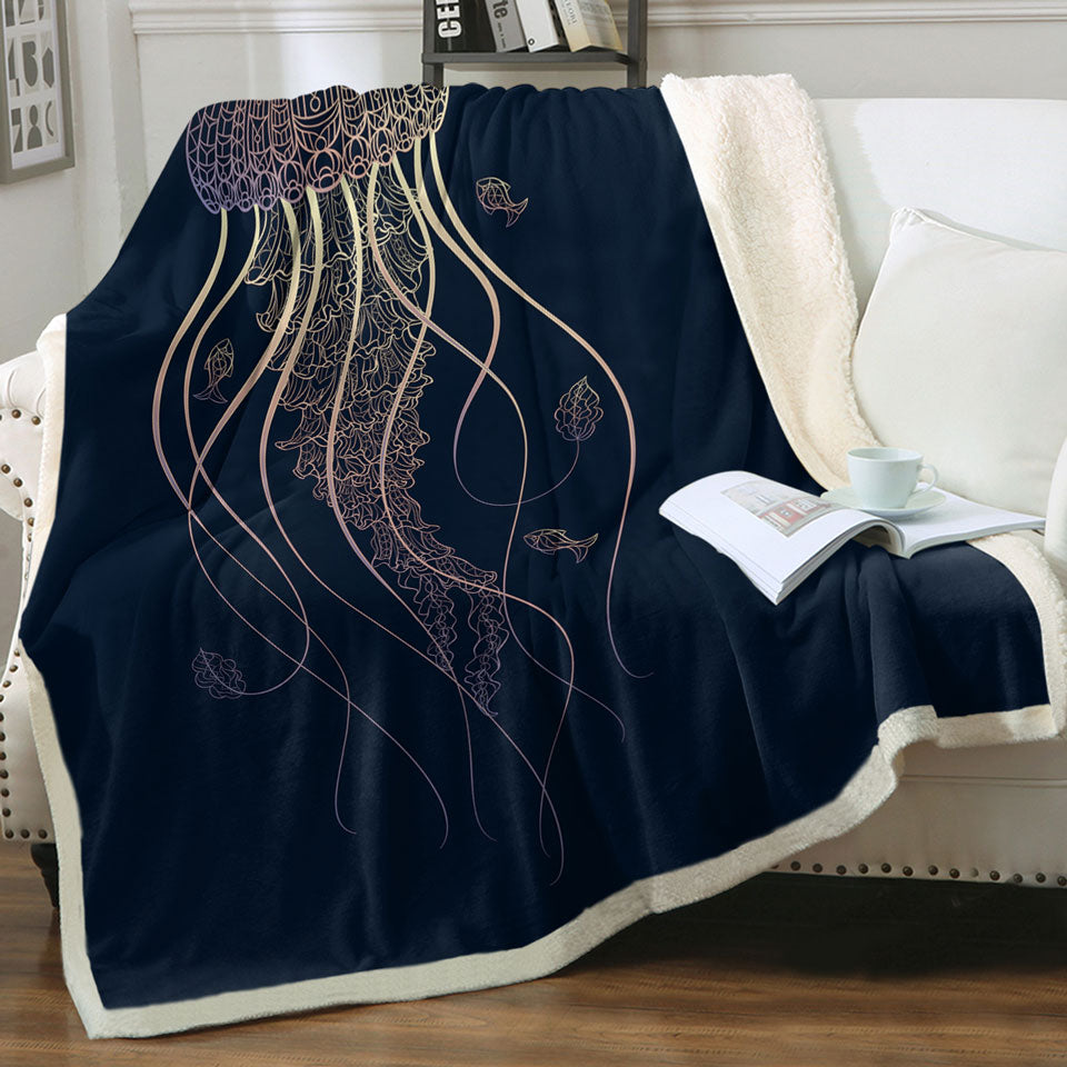 Cool Glowing Golden Jellyfish Throw Blanket