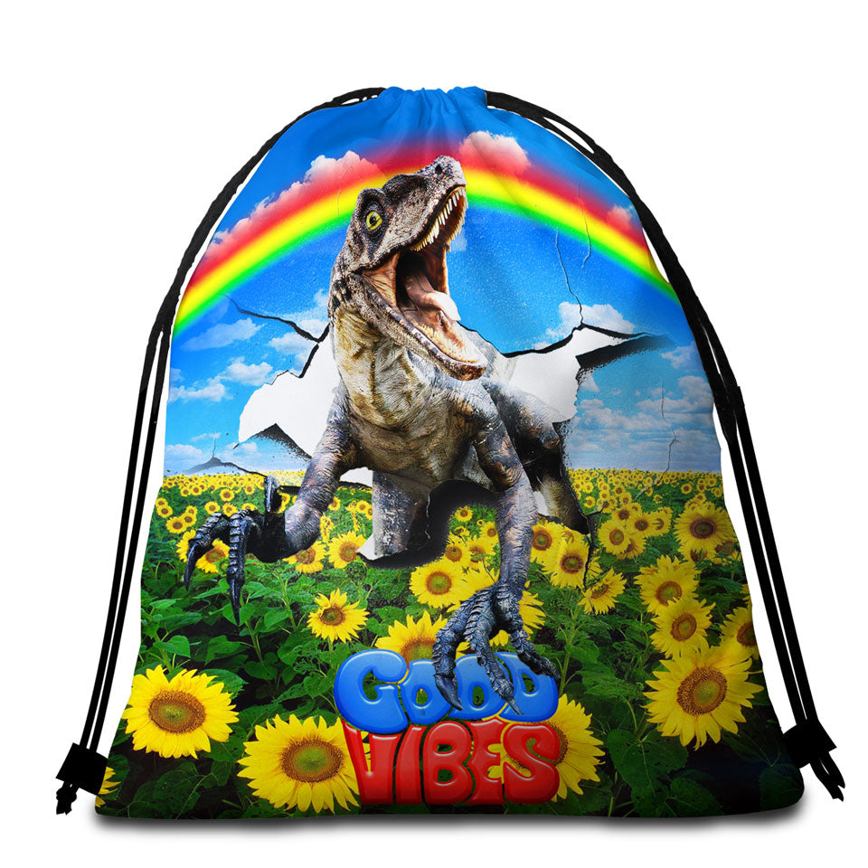 Cool Good Vibes Rainbow Sunflower Field and Raptor Dinosaur Beach Towel Pack