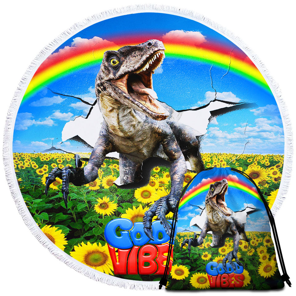 Cool Good Vibes Rainbow Sunflower Field and Raptor Dinosaur Beach Towels