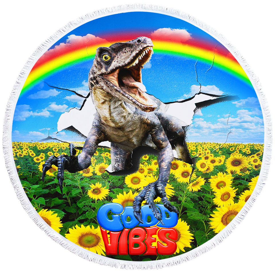 Cool Good Vibes Rainbow Sunflower Field and Raptor Dinosaur Circle Beach Towel
