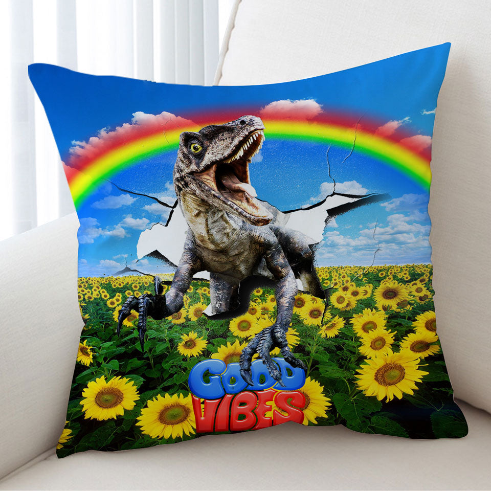 Cool Good Vibes Rainbow Sunflower Field and Raptor Dinosaur Cushion Cover