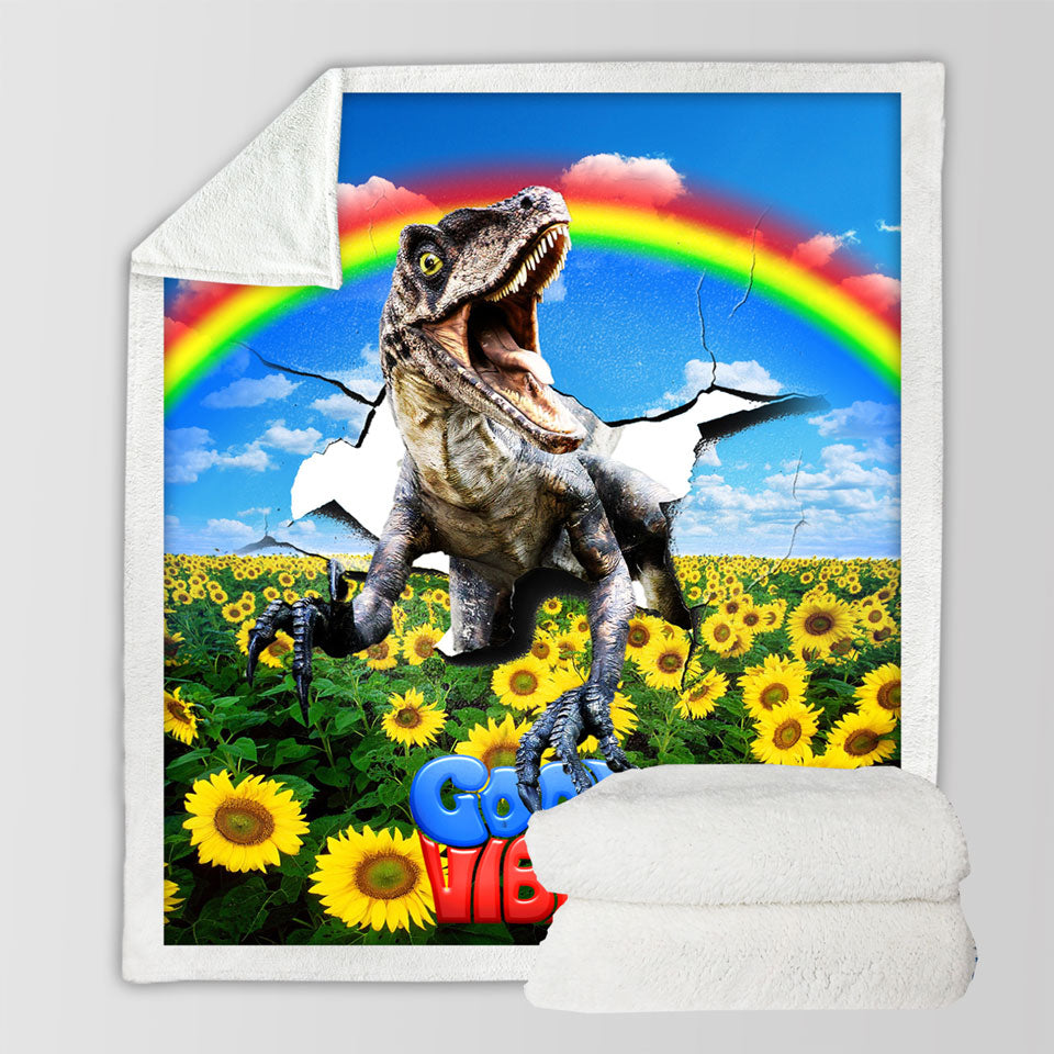 products/Cool-Good-Vibes-Rainbow-Sunflower-Field-and-Raptor-Dinosaur-Sherpa-Blanket