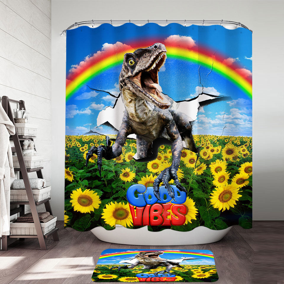 Cool Good Vibes Rainbow Sunflower Field and Raptor Dinosaur Shower Curtain