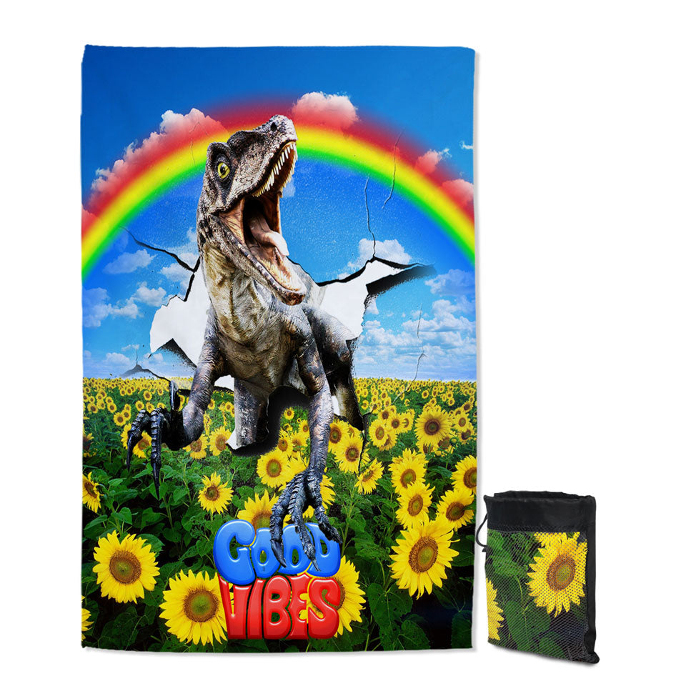Cool Good Vibes Rainbow Sunflower Field and Raptor Dinosaur Swims Towel
