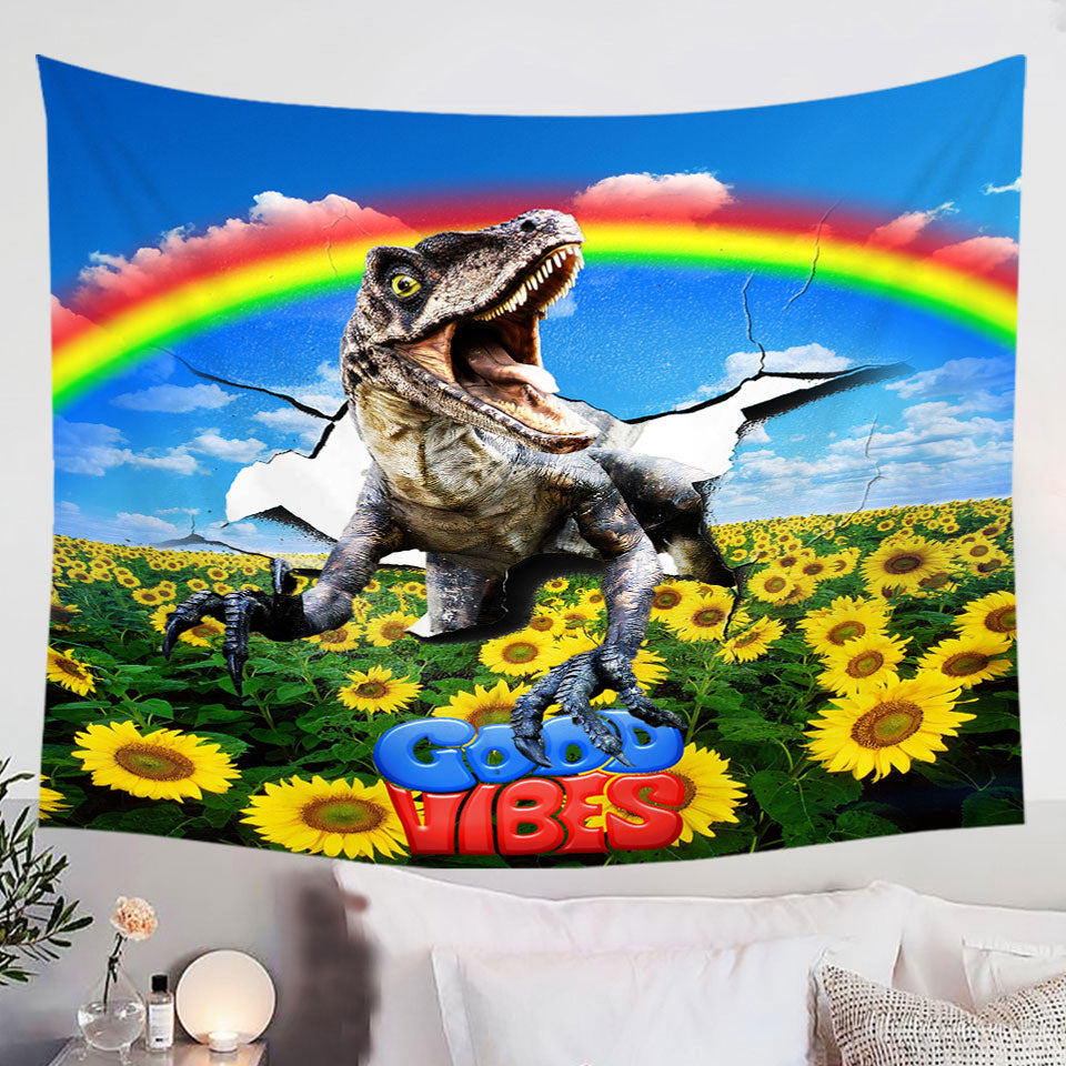 Cool-Good-Vibes-Rainbow-Sunflower-Field-and-Raptor-Dinosaur-Tapestry