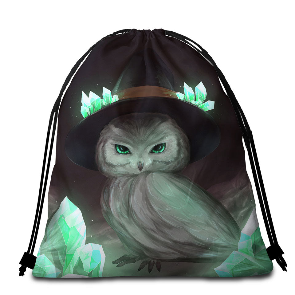 Cool Green Crystal Owl Witch Beach Towel Bags