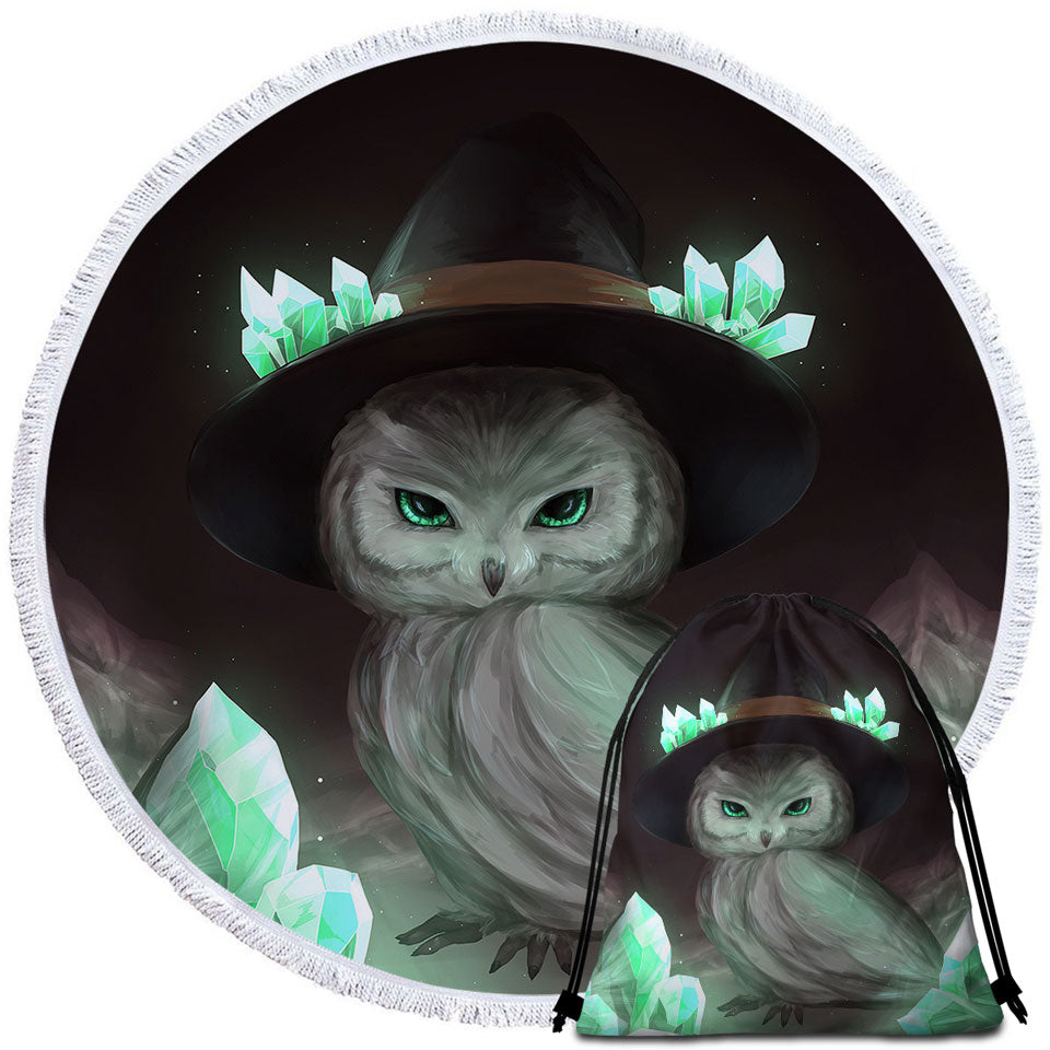 Cool Green Crystal Owl Witch Beach Towels
