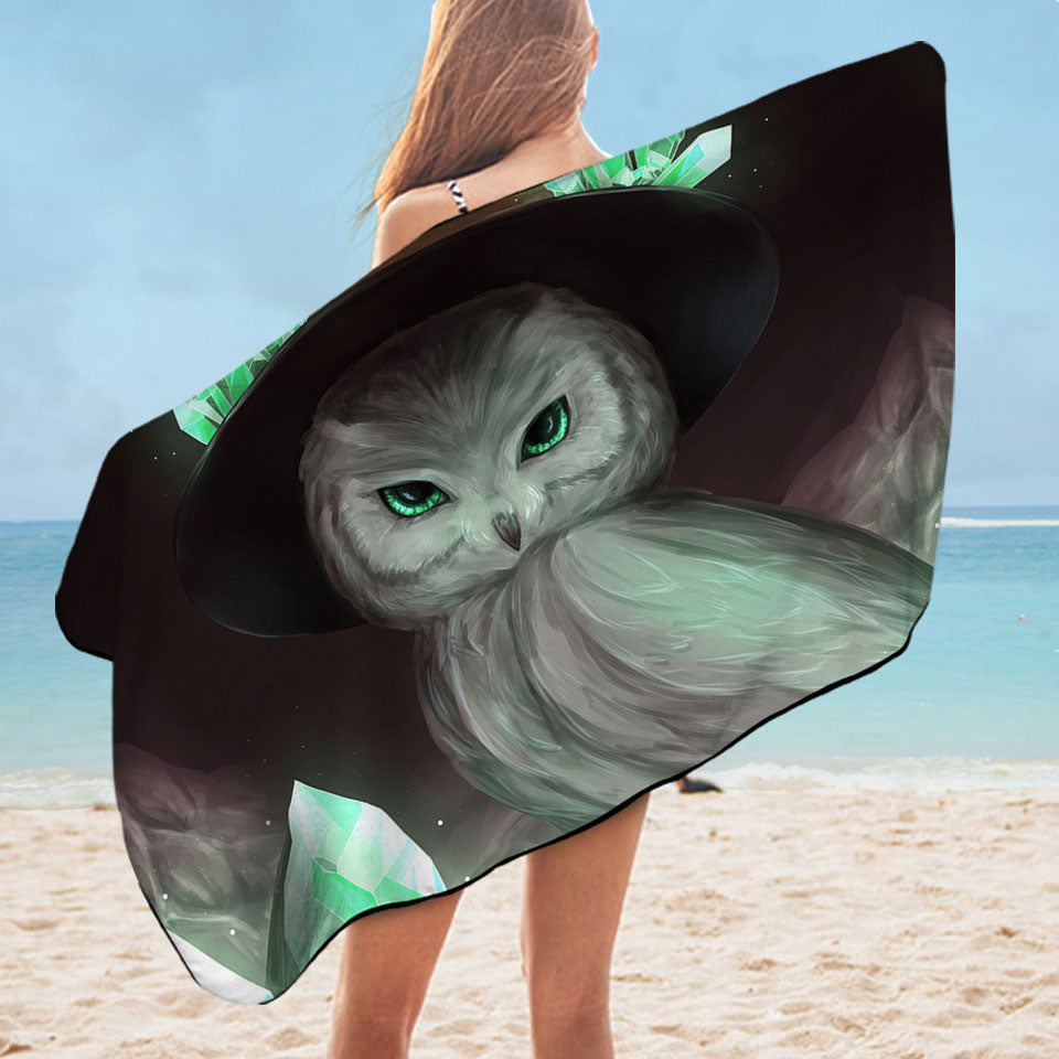 Cool Green Crystal Owl Witch Microfiber Beach Towel