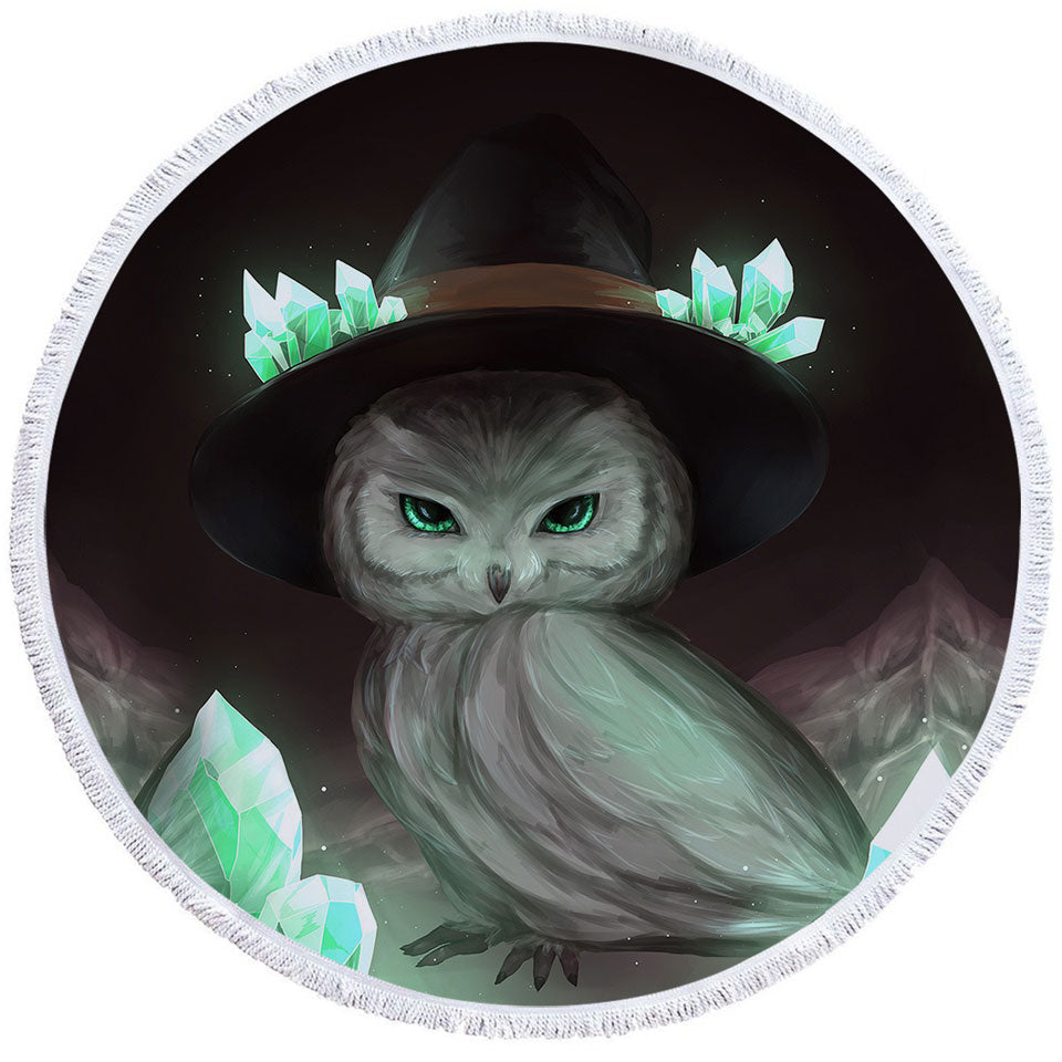 Cool Green Crystal Owl Witch Round Beach Towel