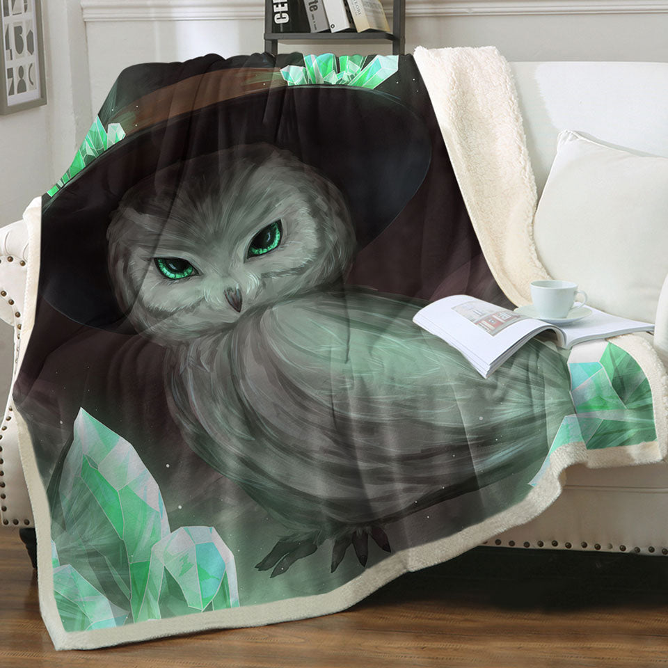 Cool Green Crystal Owl Witch Sherpa Blanket