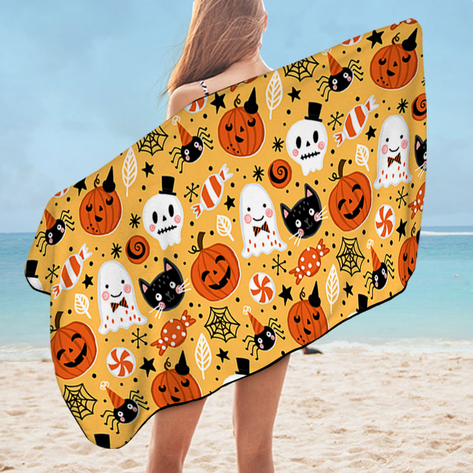 Cool Halloween Microfiber Beach Towel Candies Ghosts and Pumpkins