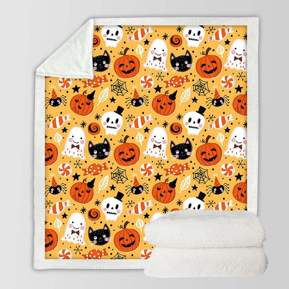 Cool Halloween Sherpa Blanket Candies Ghosts and Pumpkins