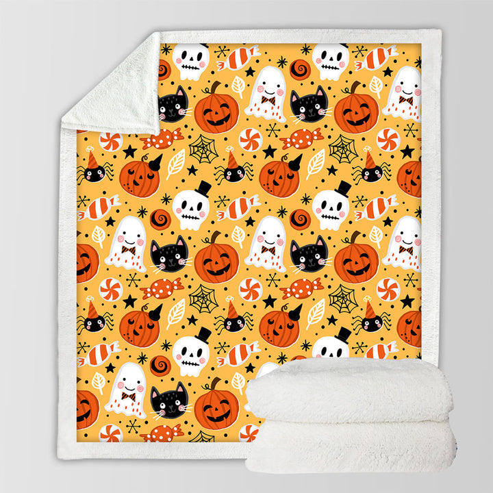 Cool Halloween Sherpa Blanket Candies Ghosts and Pumpkins