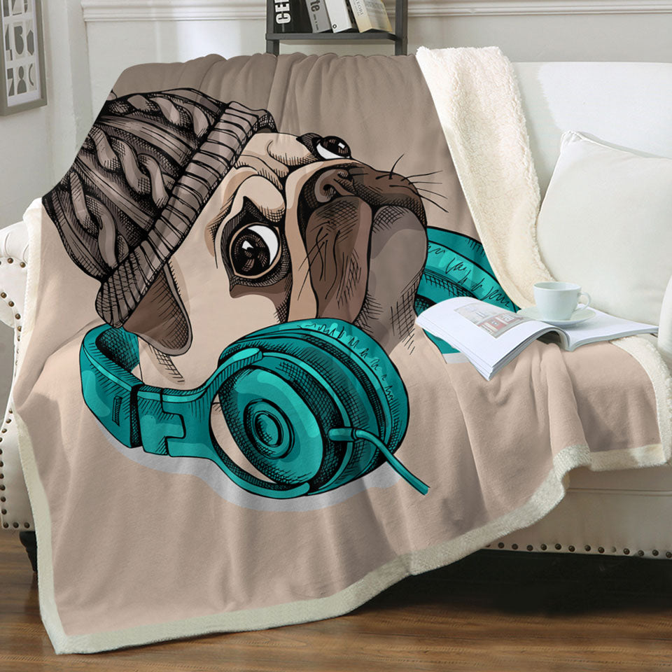 Cool Kids Throw Blankets with Winter Pug Wearing Headphones
