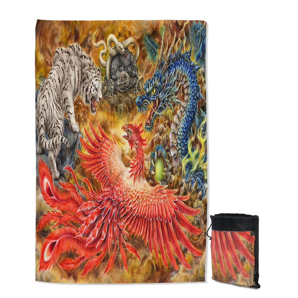 Cool Lightweight Beach Towel Fantasy Art Four Heavenly Beasts
