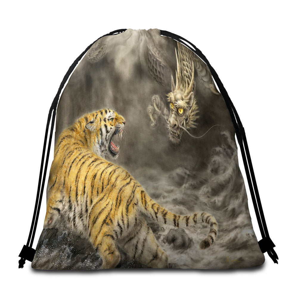 Cool Men Beach Towel Bags Fantasy Art Dragon vs Tiger