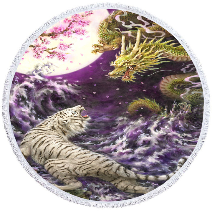 Cool Men Beach Towels Painting Moonlight Battle Tiger vs Dragon
