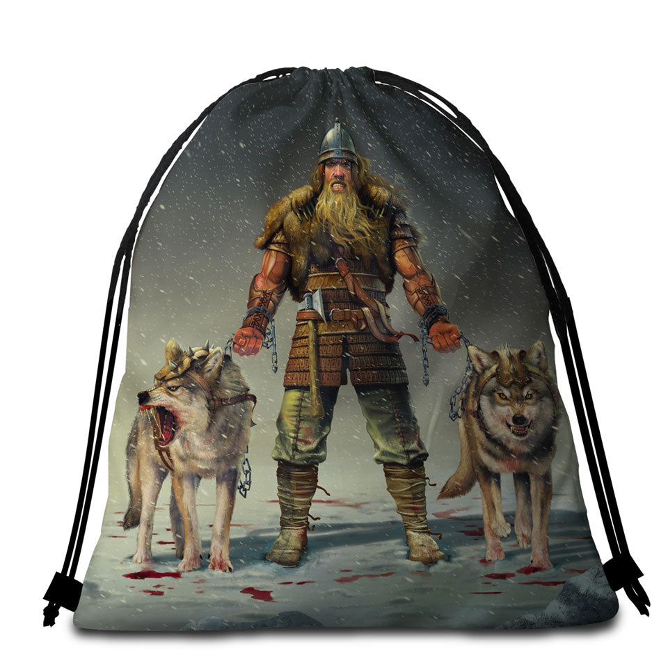 Cool Mens Beach Bags and Towels Art Mountain Viking and Wolves