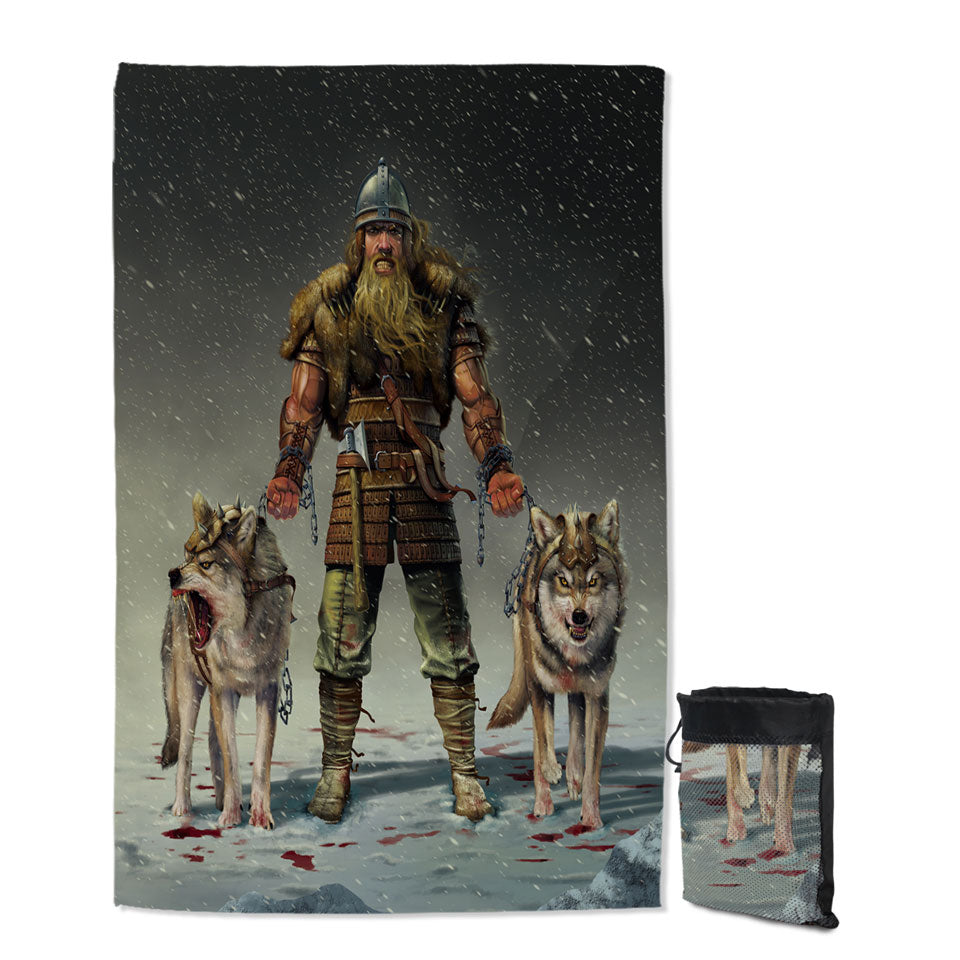 Cool Mens Beach Towels Art Mountain Viking and Wolves