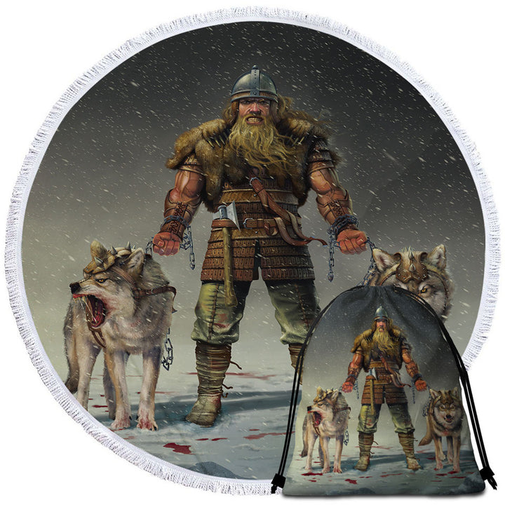 Cool Mens Circle Beach Towel Art Mountain Viking and Wolves