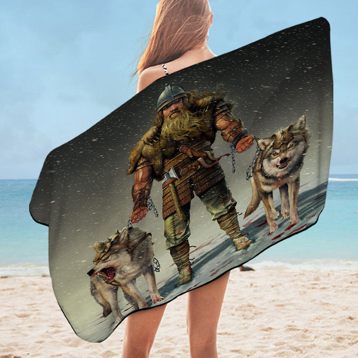 Cool Mens Pool Towels Art Mountain Viking and Wolves