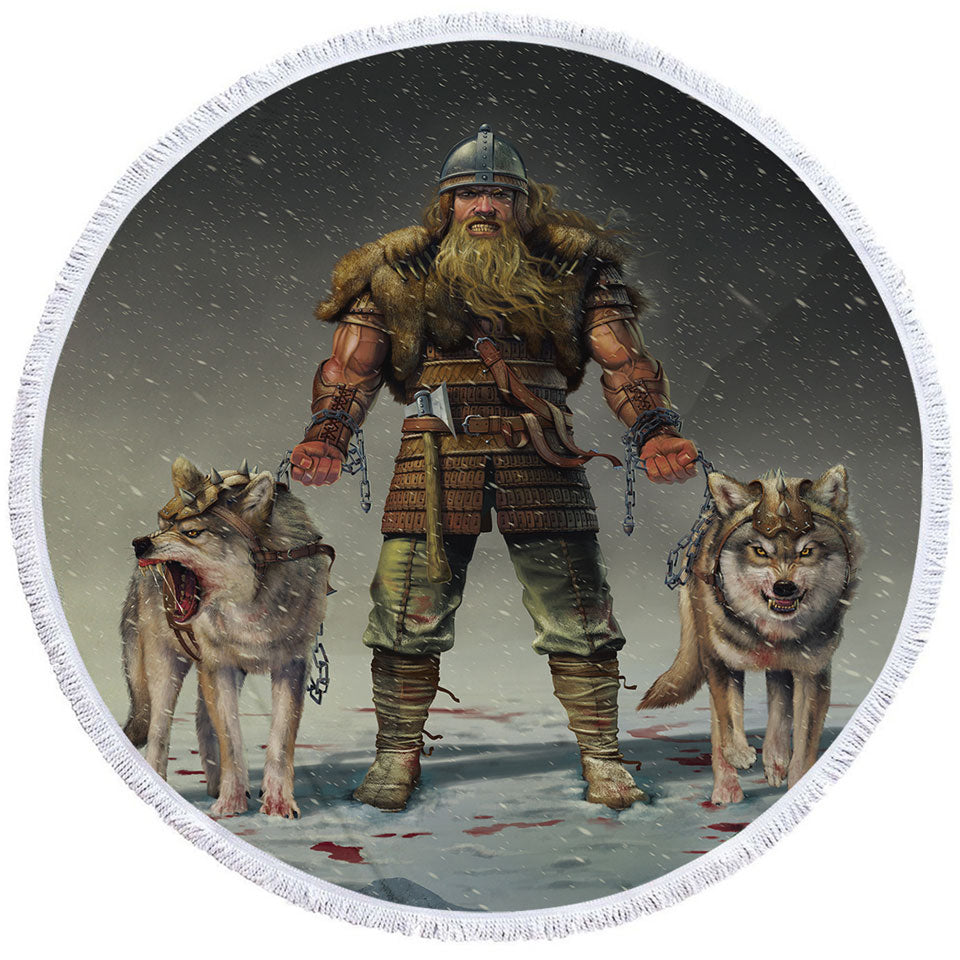 Cool Mens Round Beach Towel Art Mountain Viking and Wolves