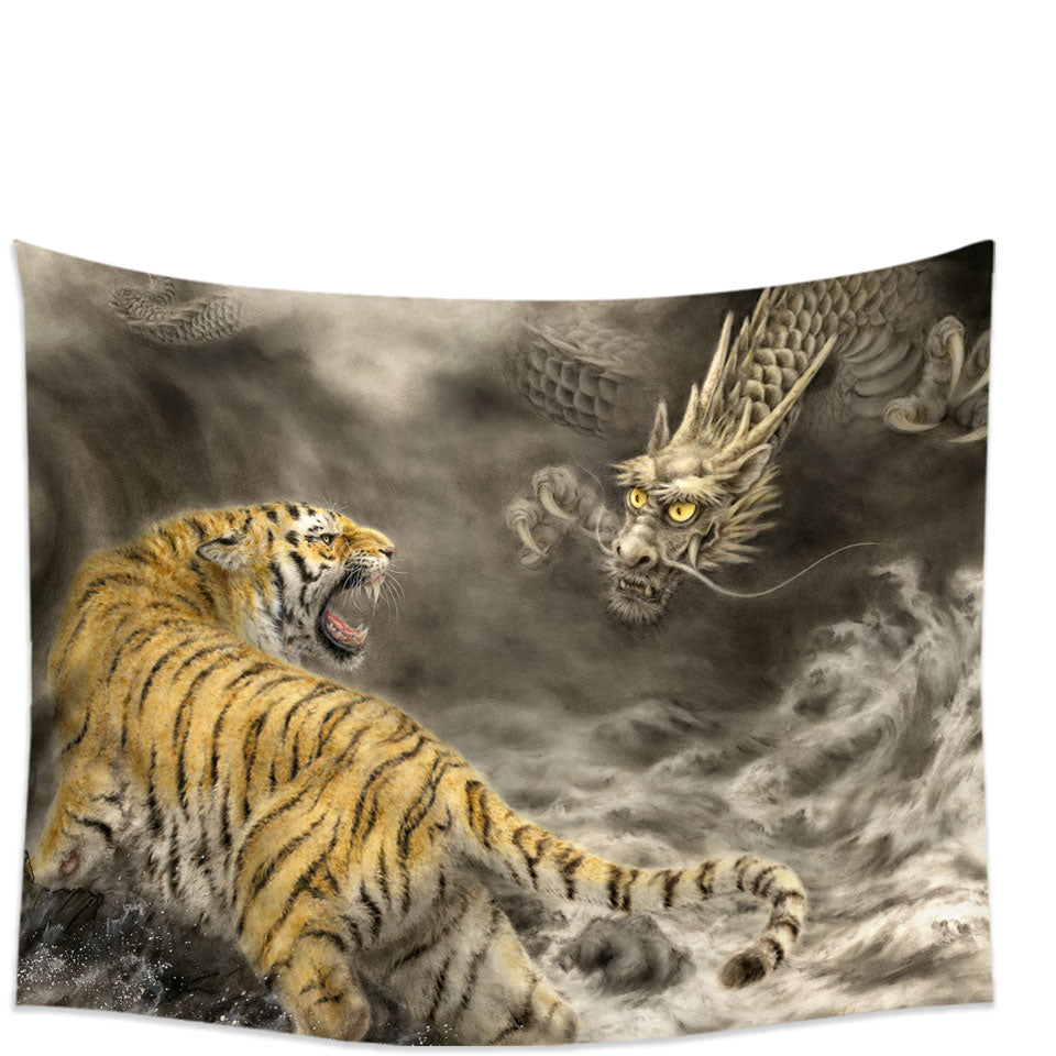 Cool Mens Wall Decor Fantasy Art Dragon vs Tiger Tapestry