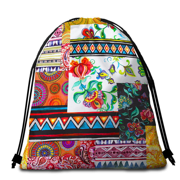Cool Messy Design Beach Towel Bags Mandalas and Flowers