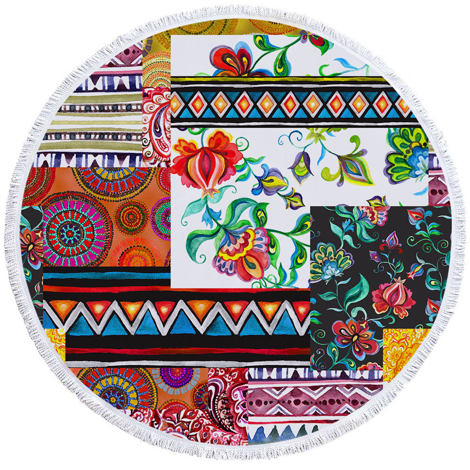 Cool Messy Design Circle Beach Towel Mandalas and Flowers