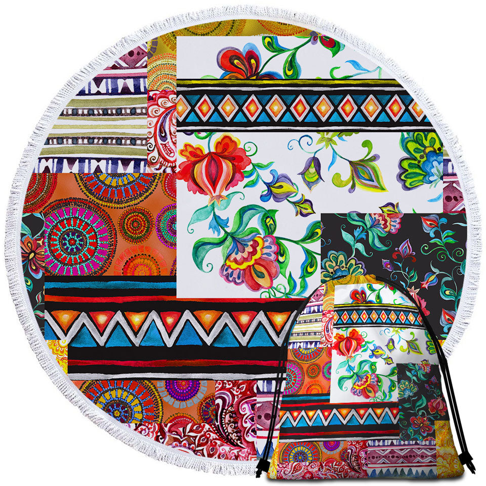 Cool Messy Design Round Beach Towel Mandalas and Flowers